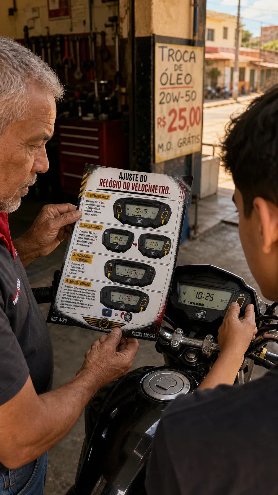 Mecânicos ajustando painel de motocicleta com apoio do material visual